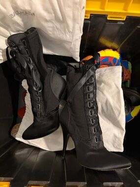 BALMAIN by GIUSEPPE ZANOTI SZ 36 Black Satin Lace-Up Stiletto Ankle Boots